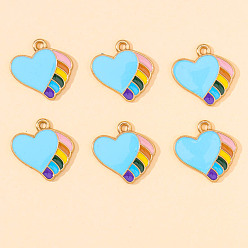 Deep Sky Blue Alloy Enamel Pendants, Heart with Rainbow Charm, Golden, Deep Sky Blue, 18x18mm
