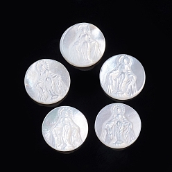 White Shell Natural White Shell Cabochons, Religion, Flat Round with Virgin Mary, 10x2.5~3mm