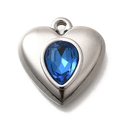 Сапфир 304 подвески из нержавеющей стали, со стразами, цвет нержавеющей стали, сердце, сапфир, 17.5x16.5x5.5 мм, отверстие : 1.4 мм