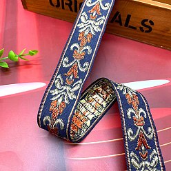 Midnight Blue Polyester Embroidery Ancient Hanfu Lace Ribbon, Flower Pattern, Midnight Blue, 1-1/8 inch(30mm)