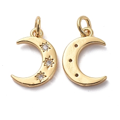 Golden Brass Micro Pave Clear Cubic Zirconia Charms, with Jump Rings, Moon with Star, Golden, 13.5x9.5x1.5mm, Hole: 3mm