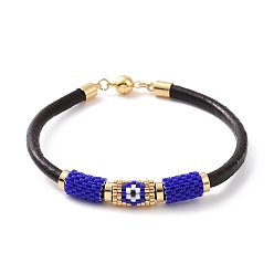 Medium Blue Japanese Seed Column with Evil Eye Beaded Bracelet with Cowhide Cords for Women, Medium Blue, 7-5/8 inch(19.5cm)