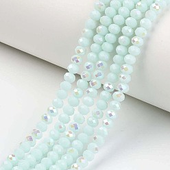 Light Cyan Electroplate Opaque Solid Color Glass Beads Strands, Half Rainbow Plated, Faceted, Rondelle, Light Cyan, 6x5mm, Hole: 1mm, about 85~88pcs/strand, 16.1~16.5 inch(41~42cm)
