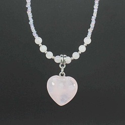 Cuarzo Rosa Colgante de corazón de piedra preciosa natural, coloridos collares de cuentas de vidrio para mujer, Platino, 17.72 pulgada (45 cm)