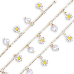 Yellow Handmade Golden Brass Bar Link Chains, with Enamel Flower & Natural Pearl Heart Charms, Unwelded, with Spool, Nickel Free, Yellow, 4x2x0.5mm, about 16.40 Feet(5m)/Roll