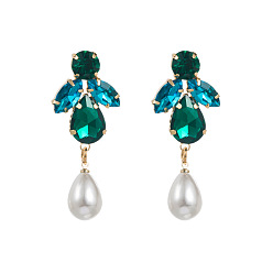 Green Sparkling Rhinestone Alloy Earrings with Pearl Drops for Women's Fashion Statement Jewelry
