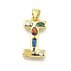 Letter I Латунные микропаве прозрачные подвески с фианитом, с целью перехода в кольце, без свинца и без кадмия, долговечный, стойки покрытие, письмо амулеты, реальный 18 k позолоченный, Буква "i", 19~21x9.5~20x2.7 мм, Перейти кольцо: 5x1 мм, 3 mm внутреннего диаметра.