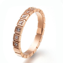 Rose Gold 304 Stainless Steel Finger Rings, with Clear Cubic Zirconia, Rectangle, Rose Gold, US Size 6~9, Inner Diameter: 16~19mm