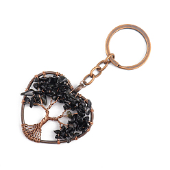 Obsidian Natural Obsidian Pendant Keychains, with Brass Findings and Alloy Key Rings, Heart with Tree of Life, 10.7cm