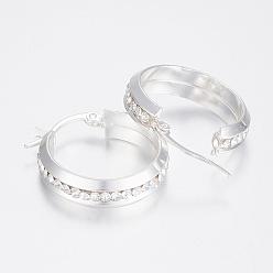Silver 304 Stainless Steel Hoop Earrings, with Rhinestone, Silver Color Plated, 24.5x23x6mm, Pin: 1x0.8mm