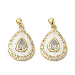 Teardrop Brass Micro Pave Clear Cubic Zirconia Pendants, with Shell, Real 18K Gold PlatedPlated, Teardrop, 20x13.5x3mm, Hole: 2.5x4mm