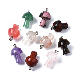 Mixed Stone Natural & Synthetic Gemstone Pendants, with Stainless Steel Snap On Bails, Mushroom Shaped, 24~25x16mm, Hole: 5x3mm