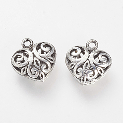 Antique Silver Brass Hollow Charms, Heart, Antique Silver, 14x13x6mm, Hole: 1mm