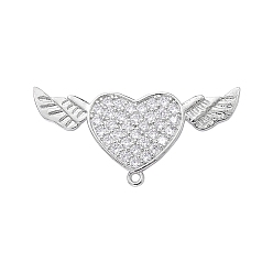 Platinum Brass Micro Pave Clear Cubic Zirconia Brooch Findings, with Loops, Heart with Angel Wing, Platinum, 34x16x6.5mm, Hole: 1.2mm