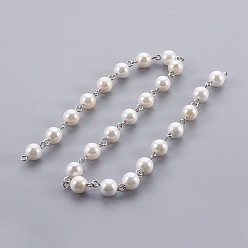 Platinum Handmade Shell Pearl Beaded Chains, Unwelded, with Iron Needle, Round, Platinum, 8mm, 39.37 inch, 1m/strand