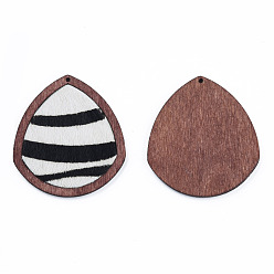 Floral White Eco-Friendly Cowhide Leather Big Pendants, Teardrop with Zebra Pattern, Floral White, 41x37x3mm, Hole: 1mm