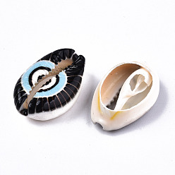 Черный Набивные бусины из натуральных ракушек каури, нет отверстий / незавершенного, с рисунком сглаза, чёрные, 18~22x13~14x6~8 мм