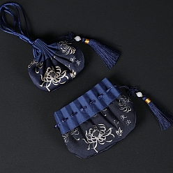 Midnight Blue Embroidered Cloth Jewelry Storage Bags, Drawstring Pouches, Midnight Blue, 8x13cm