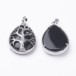 Black Agate Natural Black Agate Pendants, with Brass Findings, teardrop, Dyed, Platinum, 39x26x7~9mm, Hole: 5x7mm