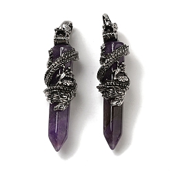 Amethyst Natural Amethyst Pointed Big Pendants, Faceted Bullet Charms with Rack Plating Antique Silver Plated Alloy Gragon, Cadmium Free & Lead Free, 63~64x19~20x15.5mm, Hole: 7.5x6.5mm