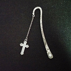 Antique Silver Luminous Alloy Bookmarks, Glow in the Dark Hook Bookmarks, Cross Pendant Book Marker, with Cable Chains, Antique Silver, 122mm