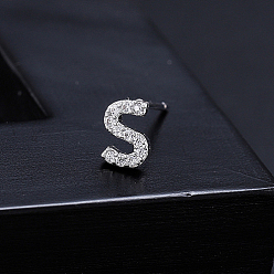 Letter S Platinum Brass Micro Pave Cubic Zirconia Stud Earrings, Initial Letter, Letter S, No Size