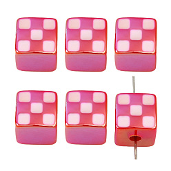 Fuchsia 4Pcs UV Plating Acrylic Beads, Iridescent Tartan Cube, Fuchsia, 14mm, Hole: 4mm