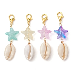 Mixed Color Shell Pendent Decorations, Glass Starfish and Zinc Alloy Lobster Claw Clasps Charms, Mixed Color, 53mm