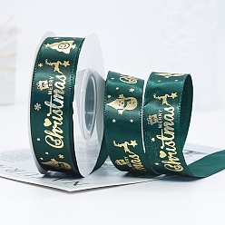 Teal 22M Flat Christmas Snowman Printed Polyester Satin Ribbons, Hot Stamping Ribbons, Teal, 1 inch(25mm), about 24.06 Yards(22m)/Roll