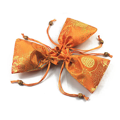 Dark Orange Chinese Style Flower Pattern Satin Jewelry Packing Pouches, Drawstring Gift Bags, Rectangle, Dark Orange, 14.5x10.5cm