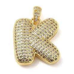 Letter K Brass Micro Pave Cubic Zirconia Pendants, Cadmium Free & Lead Free, Long-Lasting Plated, Real 18K Gold Plated, Letter K, 20x19x5.5mm, Hole: 4.5x3mm