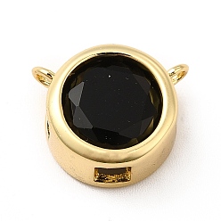 Black Rack Plating Brass Pave Cubic Zirconia Connector Charms, Cadmium Free & Lead Free, Real 18K Gold Plated, Flat Round Links, Black, 14x12x7mm, Hole: 1.2mm and 1.5mm