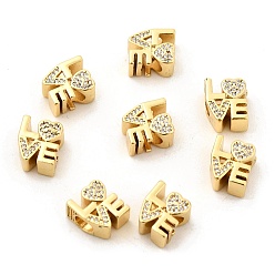 Настоящее золото 18K Латунь микропаве прозрачный кубический цирконий европейский бисер, Слово любовь, реальный 18 k позолоченный, 11.5x10x7 мм, отверстие : 4 мм