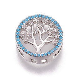 Platinum Brass Micro Pave Cubic Zirconia Slide Charms, Flat Round with Tree of Life, Colorful, Platinum, 15.5x5.5mm, Hole: 2x12mm