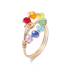 Light Gold Colorful Glass Teardrop Finger Ring, Brass Wire Wrap Finger Ring, Light Gold, Inner Diameter: 19mm