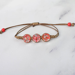 Red Triple Round Glass Braided Bead Bracelet, Pressed Flower Adjustable Bracelet for Women, Red, Beads: 12mm