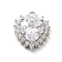 Clear Brass Micro Pave Cubic Zirconia Charms, Cadmium Free & Lead Free, Platinum, Heart, Clear, 14x12x5mm, Hole: 1mm