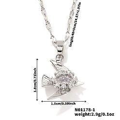Платина Блестящие птицы латунные микропаве прозрачные кубические цирконии подвески ожерелья, с цепочкой из бисера для женщин, платина, 15.75 дюйм (40 см)