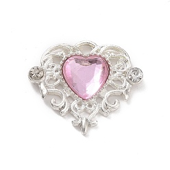 Pink Acrylic Pendants, with Silver Tone Alloy Rhinestone Finding, Heart Charm, Pink, 21.5x25x5mm, Hole: 2x2.5mm