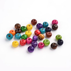 Mixed Color Natural Wood Beads, Round, Mixed Color, Lead Free, Dyed, 6mm wide, 5mm high, hole: 1.5mm, about 14600pcs/1000g