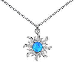 Real Platinum Plated Sun Rhodium Plated 925 Sterling Silver Pendant Necklaces, with Synthetic Opal, Real Platinum Plated, 15.75 inch(40cm)