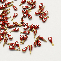 Red Antique Golden Plated Brass Enamel Charms, Teardrop with Eye, Red, 11x4x4mm, Hole: 1mm