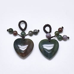 Indian Agate Natural Indian Agate Pendants, with Braided Nylon Cord, Heart, 45~50mm, Hole: 5~7mm