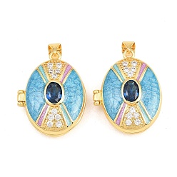 Синий Подвески латуни медальон, с эмалью, стеклом и кубическим цирконием, без кадмия и без свинца, реальный 18 k позолоченный, стойки покрытие, долговечный, овальные амулеты, синие, 26.5x21x9 мм, отверстие : 3x5 мм