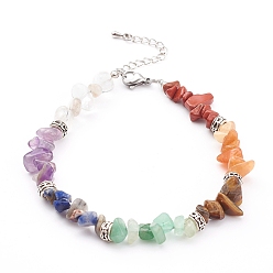 Mixed Stone Chakra Chips Natural Gemstone Beaded Bracelets, with Alloy Beads, Antique Silver & Platinum, 8-1/4 inch(21cm)