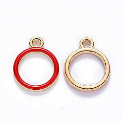Red Alloy Enamel Pendants, Round Ring, Light Gold, Red, 16x13x2mm, Hole: 1.8mm