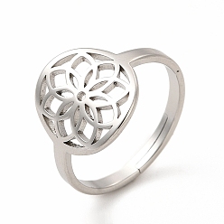 Stainless Steel Color 304 Stainless Steel Flower Adjustable Ring for Women, Stainless Steel Color, US Size 6(16.5mm)