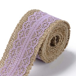 Lilac Burlap Ribbon, Hessian Ribbon, Jute Ribbon, with Lace, for Jewelry Making, Lilac, 1-1/2 inch(38mm), about 2m/roll, 24rolls/bag