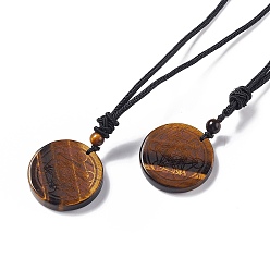 Tiger Eye Natural Tiger Eye Flat Round with Hexagon Pendant Necklace with Nylon Cord for Women, 25.59~27.95 inch(65~71cm)