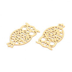 Real 14K Gold Plated 304 Stainless Steel Filigree Joiners Links, Laser Cut, Owl, Real 14K Gold Plated, 18x10x0.5mm